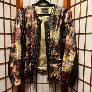 Sherif 1827 Couture Leather Black and Floral Jacket w/ Gold Studs & Pockets 2X